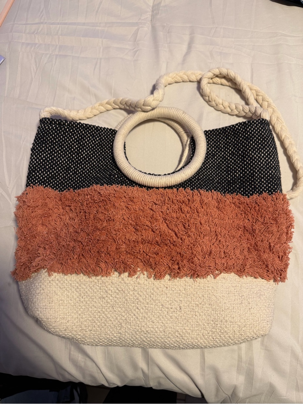 Textured Colorblock Tote Bag in Black, Rust, and Cream